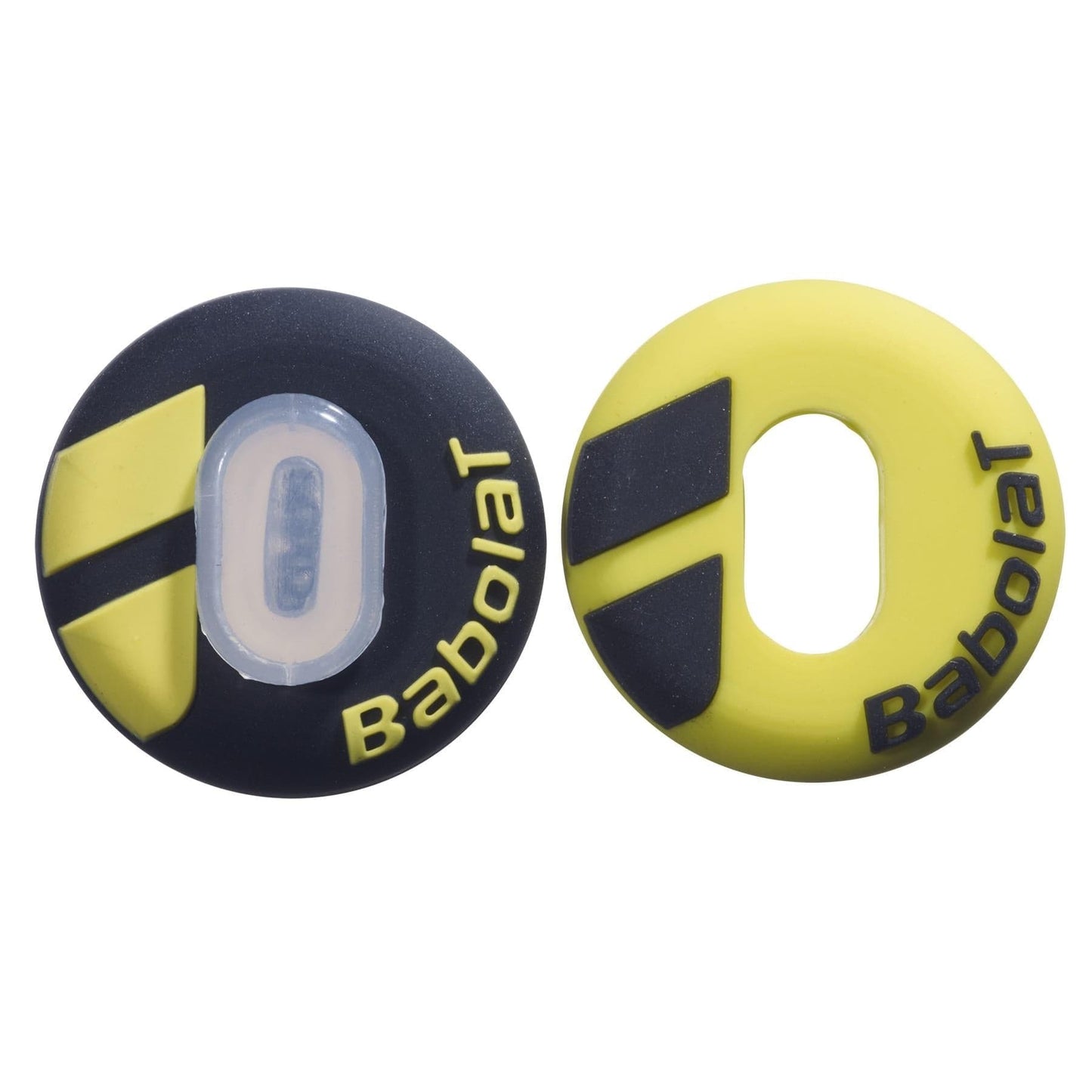 Experience the Babolat Custom Damp X2 Tennis Dampener in Black and Yellow, offering two distinct dampeners—one primarily black with yellow highlights and the other primarily yellow with black highlights. These oval-shaped dampeners are designed to enhance vibration reduction while proudly displaying the iconic Babolat logo at their center.