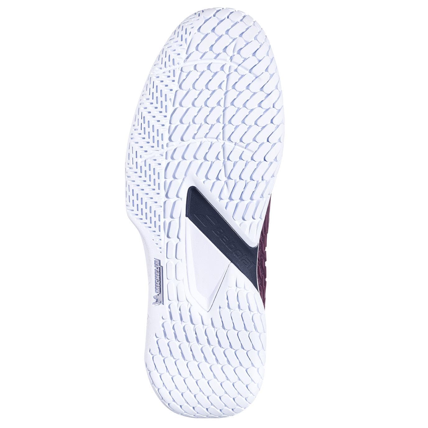 The image displays the white, textured outsole of the Babolat Propulse Fury 3 Men's Tennis Shoes - Port Royale, which features a black midfoot support section and detailed tread patterns for enhanced traction and lateral stability.