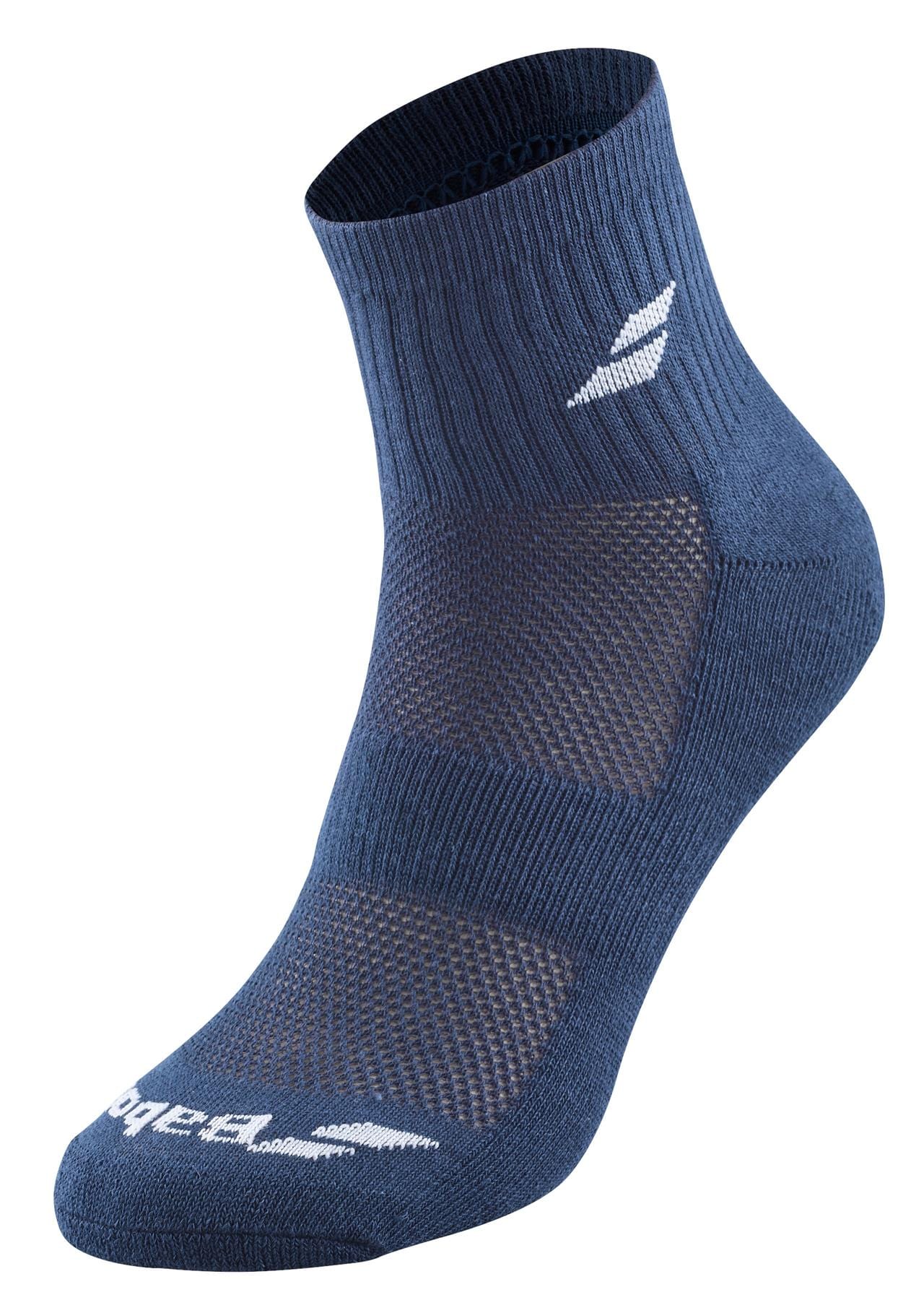 A single blue athletic sock from the Babolat Quarter 3 Pack Tennis Socks - White / Blue / Grey is shown on a white background, featuring a ribbed cuff and mesh texture for enhanced breathability. Ventilated zones improve comfort and support, with a small white Babolat logo near the ankle and another logo positioned at the toe area.
