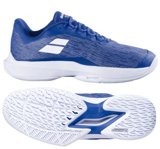A pair of Babolat Jet Tere 2 2024 Men's Tennis Shoes in Mombeo Blue, featuring white soles. The top shoe is displayed from the side to showcase its lightweight design and branding, while the bottom shoe is flipped to reveal the sole's tread pattern.