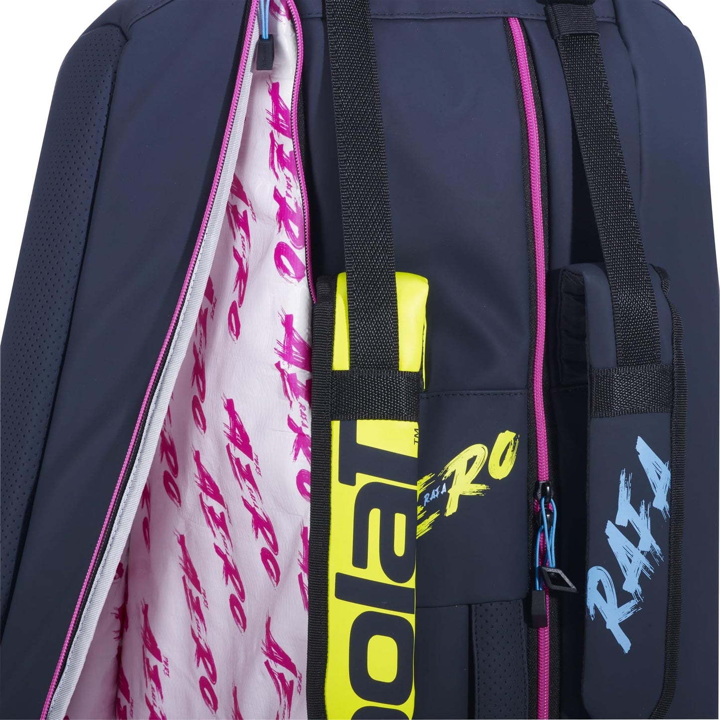 Ideal for advanced players, the Babolat RH6 Pure Aero Rafa II Tennis Bag - Blue / Yellow / Pink features a partially open pocket that reveals a vibrant yellow racket handle. Inside, it showcases a purple and pink design adorned with repeated text. The bag is secured by black straps, with "Rafa" prominently printed in blue on one section.