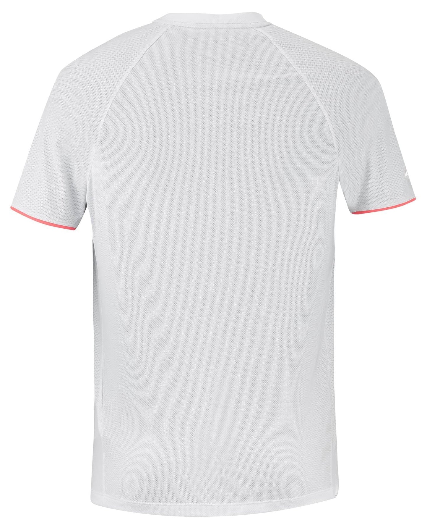 A back view of the Babolat Strike Men's Crew Neck Tennis T-Shirt in white, highlighted by red trim on the sleeves. Ideal for your 360 Motion on the court, this shirt features a minimalist design and a crew neckline that encapsulates the distinctive Babolat Strike style.