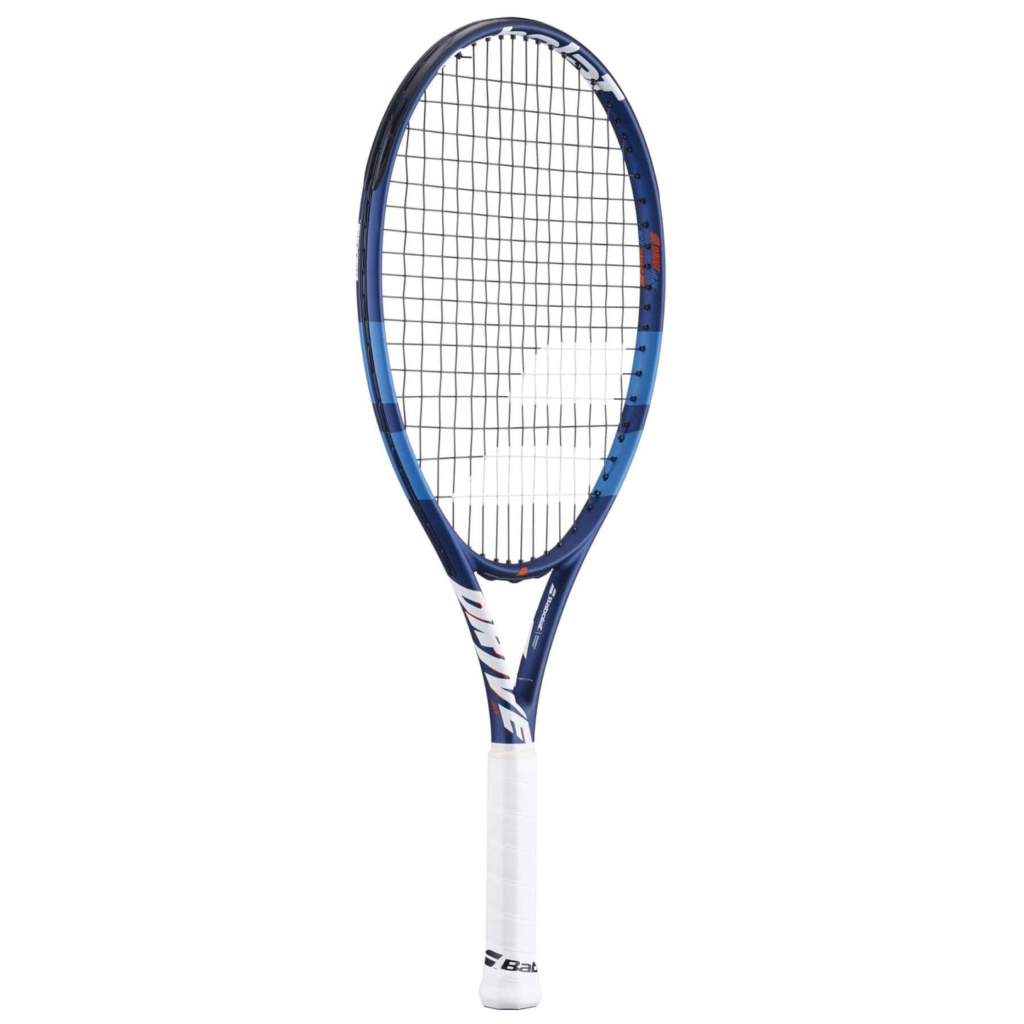 The Babolat Drive Junior 24 Tennis Racket in blue boasts a stylish design with black strings, a comfy white grip, and red accents. Ideal for intermediate players, this composite graphite racket enhances on-court performance.