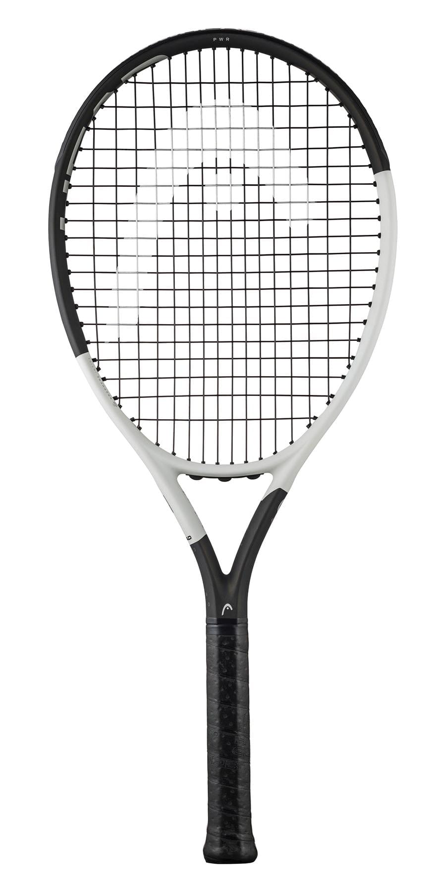 The image features the HEAD Speed PWR 2024 Tennis Racket in a stylish white and black frame with black strings. Enhanced by Graphene Inside technology, it has a handle wrapped in black grip tape. The racket is positioned vertically against a crisp white background.