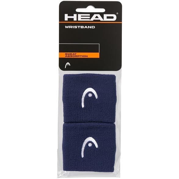 This pack includes two navy tennis wristbands, prominently showcasing a bold white logo. Known as the "HEAD 2.5\" Tennis Wristband - Navy," these bands are designed for superior sweat absorption on the court.