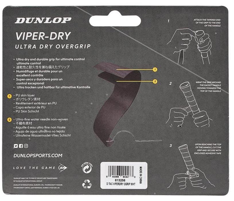 The packaging for the Dunlop Viper-Dry Tennis Overgrip - 3 Pack - White by Dunlop provides detailed instructions on attaching the overgrip to a racket, emphasizing its ultra-dry PU skin, extreme durability, and superior control with outstanding perspiration absorption. The steps are visually enhanced with images showing hands wrapping the grip.