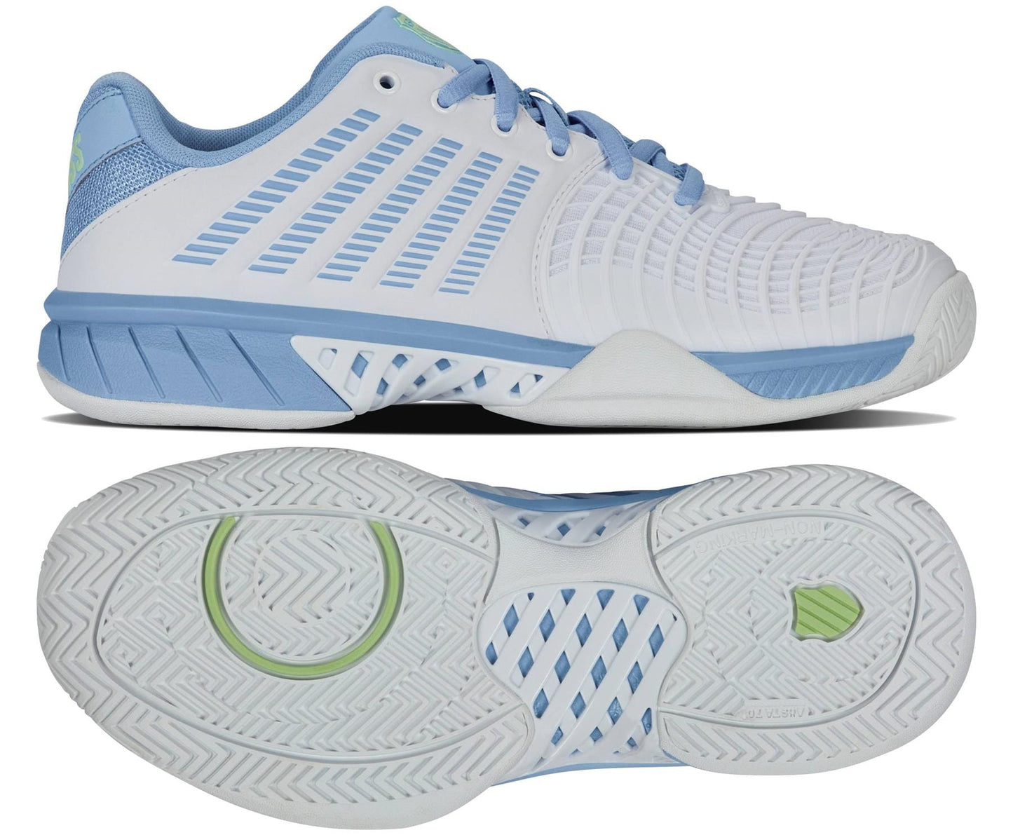 The K-Swiss Express Light 3 Women's Tennis Shoes in white and blue boast a sleek side pattern and an AOSTA 7.0 textured sole for grip, with small green accents adding a vibrant contrast.