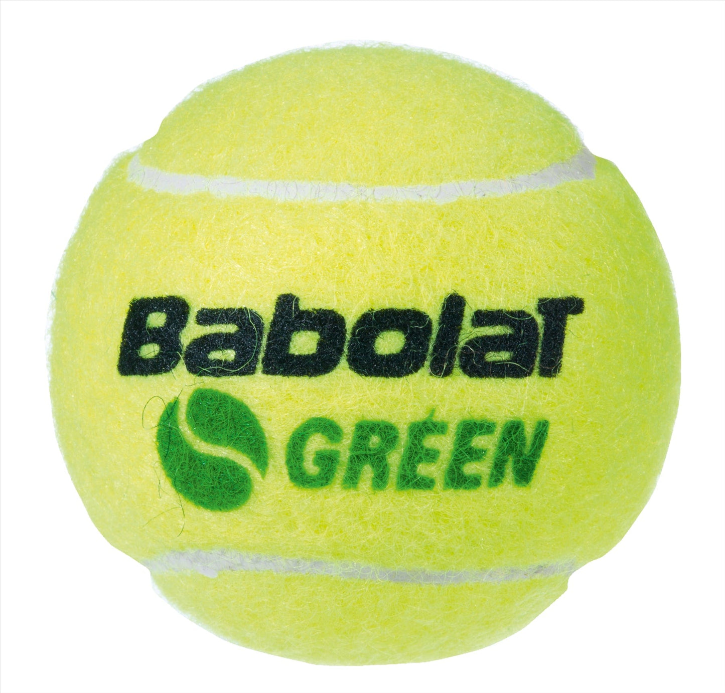 A close-up of a Babolat Initiation Stage 1 Tennis Ball from the Green 3 Ball Tube, specifically crafted by Babolat for training with its distinctive speed reduction features.