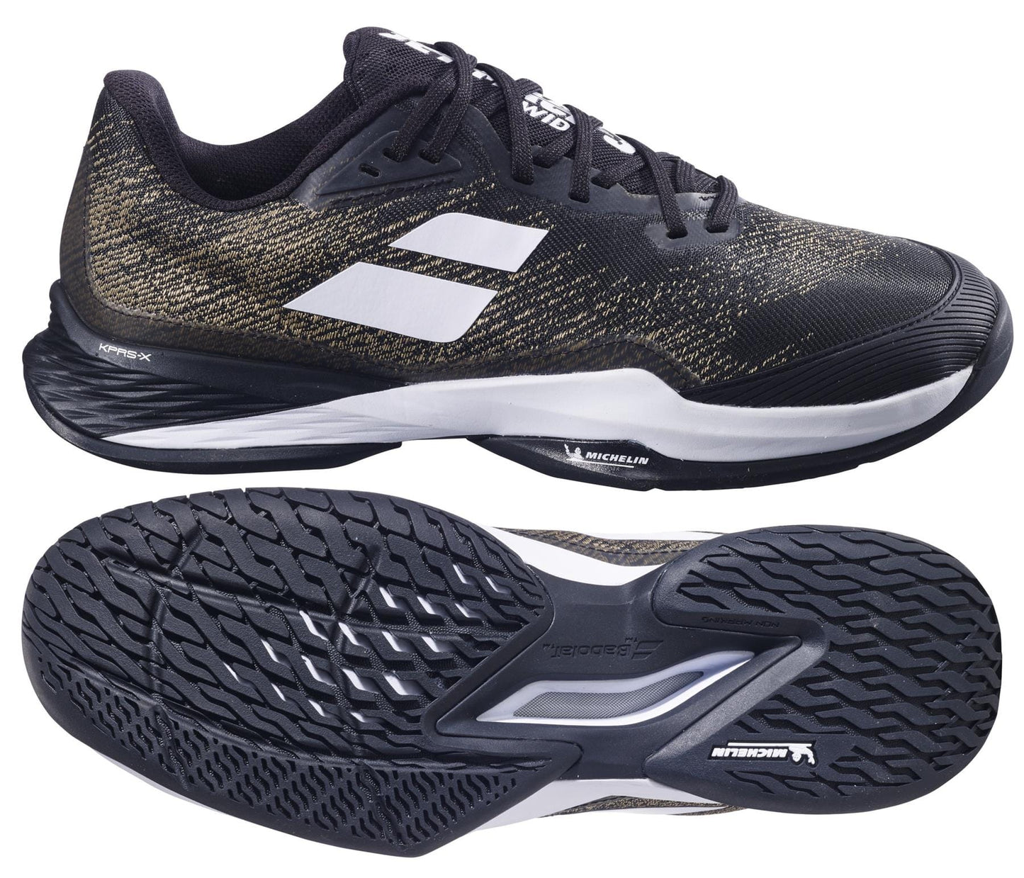 The Babolat Jet Mach 3 All Court Men’s Tennis Shoes in black and white are shown from a side and sole view, highlighting the Matryx technology textured upper and a Michelin-branded rubber sole for exceptional grip.