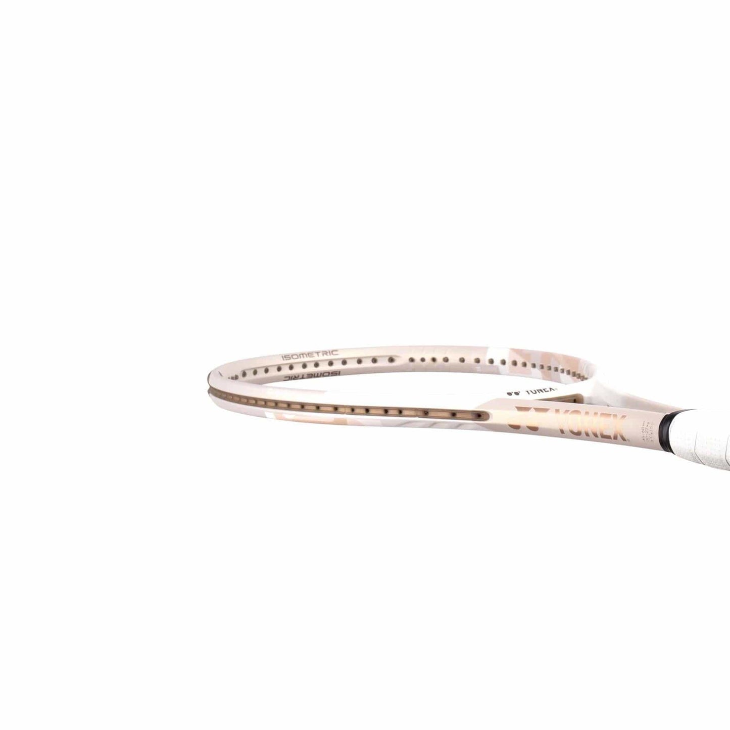 Close-up of a Yonex VCORE 95 Tennis Racket head sans strings, displaying its sand beige frame with geometric designs. ISOMETRIC™ technology boosts spin and speed. The white background emphasizes the racket's structure and details.