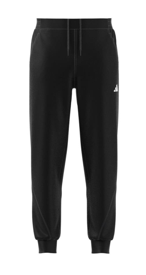 The ADIDAS Melbourne Men's Pro Tennis Pants in black, crafted by adidas, feature an elastic waistband with drawstrings and a small logo on the upper left thigh. Designed with HEAT.RDY technology, these pants are tailored as tennis attire with tapered legs and cuffed ankles for enhanced comfort and performance.