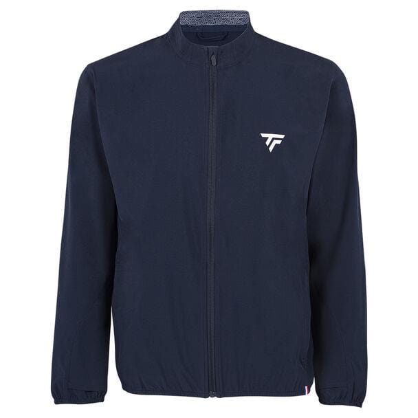Introducing the Tecnifibre Men's Light Tennis Jacket - Marine, a sleek navy zip-up featuring a stand-up collar. This design provides windproof and water-repellent protection with 4-way stretch material for ultimate comfort. A small white logo enhances the left chest, accompanied by long sleeves.