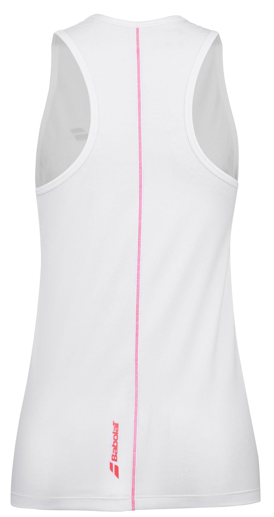 The Babolat Strike Women's Tennis Tank Top - White is a white sleeveless athletic top from Babolat. It includes a pink vertical stripe running down the back and features a red "Babolat" logo at the bottom. Crafted from recycled polyester fabric, this tank top provides lightweight and breathable comfort ideal for sports activities.