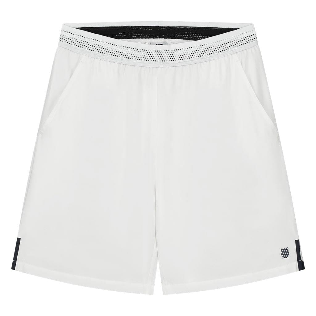 The K-Swiss Core Team Men's 8 Inch Tennis Shorts are made from durable polyester, featuring a perforated elastic waistband and 4-way stretch for optimal movement. With two side pockets and a small logo on the lower left leg, these white athletic shorts offer a simple, sporty design ideal for active days.