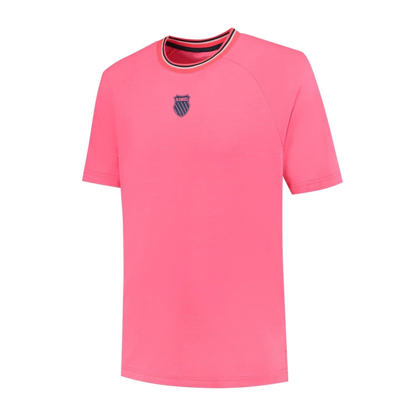The K-Swiss Hypercourt Men's T-Shirt is a pink short-sleeve athletic jersey featuring a small blue shield emblem on the chest, styled with a white and blue striped collar. Made from smooth, lightweight fabric, it ensures optimal comfort and performance for sports activities.