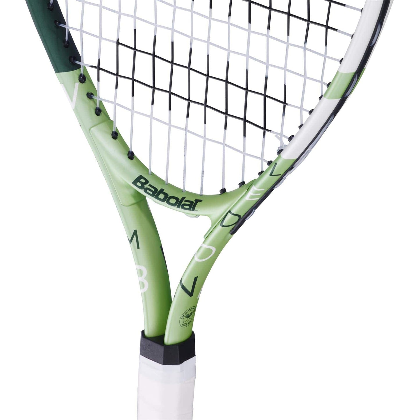 Close-up of the Babolat Junior 23 Wimbledon 2025 Tennis Racket in Champagne Green, showing strings and white grip tape on the handle; Babolat logo is visible on the throat of this children's tennis racket.