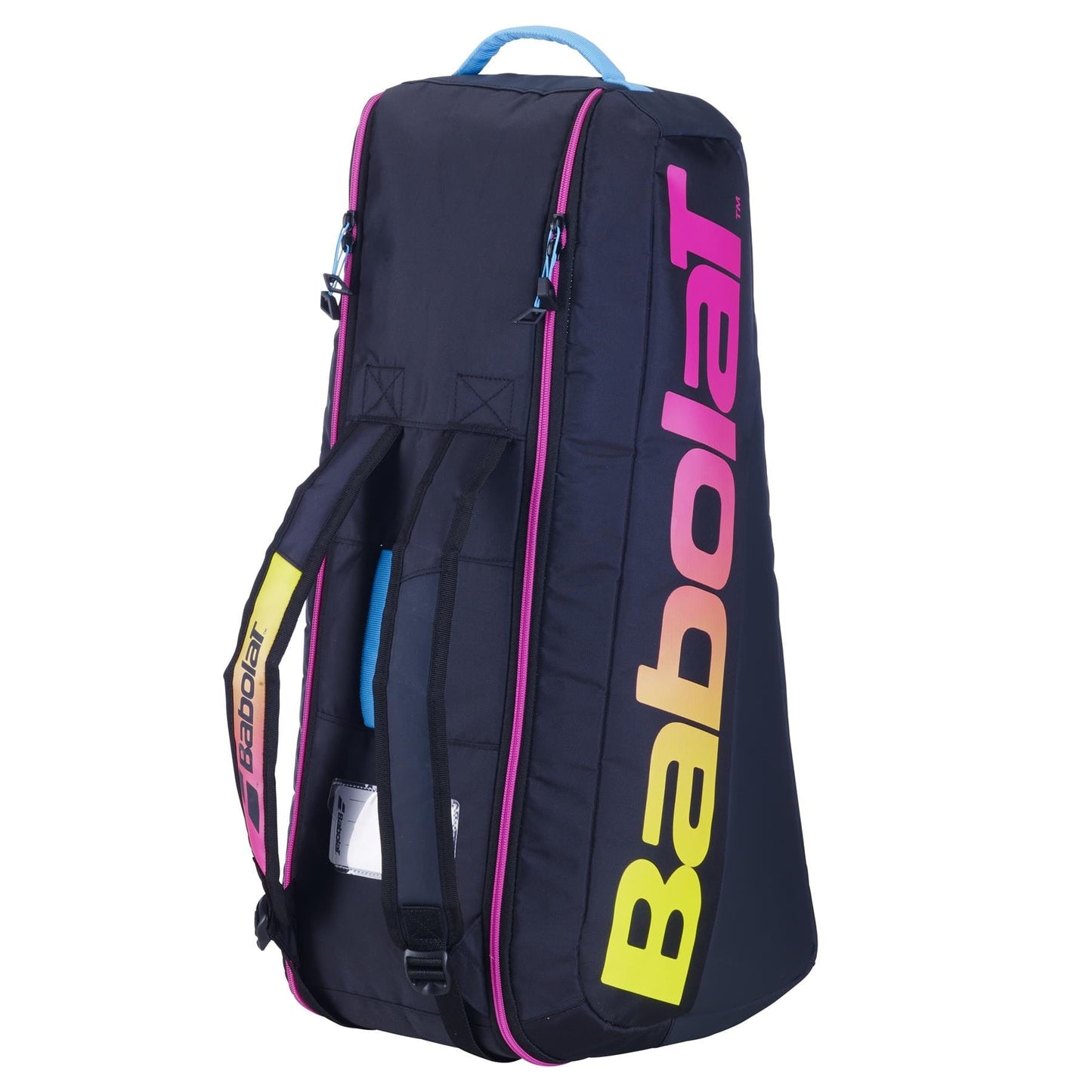 The Babolat RH Junior Tennis Racket Bag, in black with purple and yellow details, is an ideal choice for young athletes. It features two shoulder straps and a top handle, ensuring easy portability.