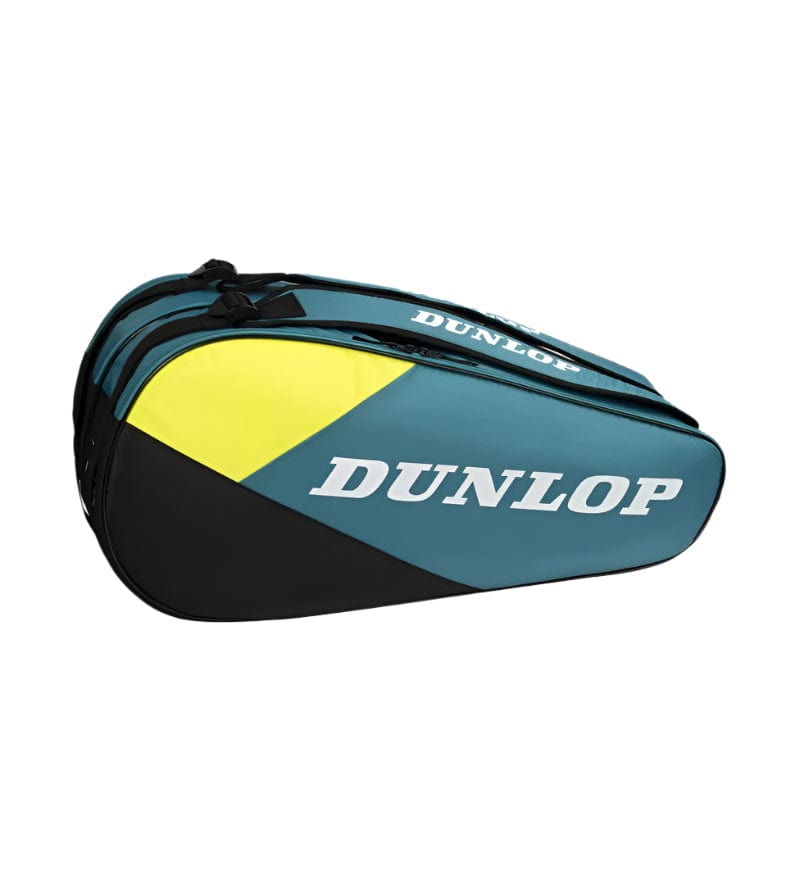 The Dunlop SX Club 6 Racket Tennis Bag in teal, black, and yellow features a white "Dunlop" logo, a sleek aerodynamic design, multiple compartments, and padded backpack straps for comfortable carrying.