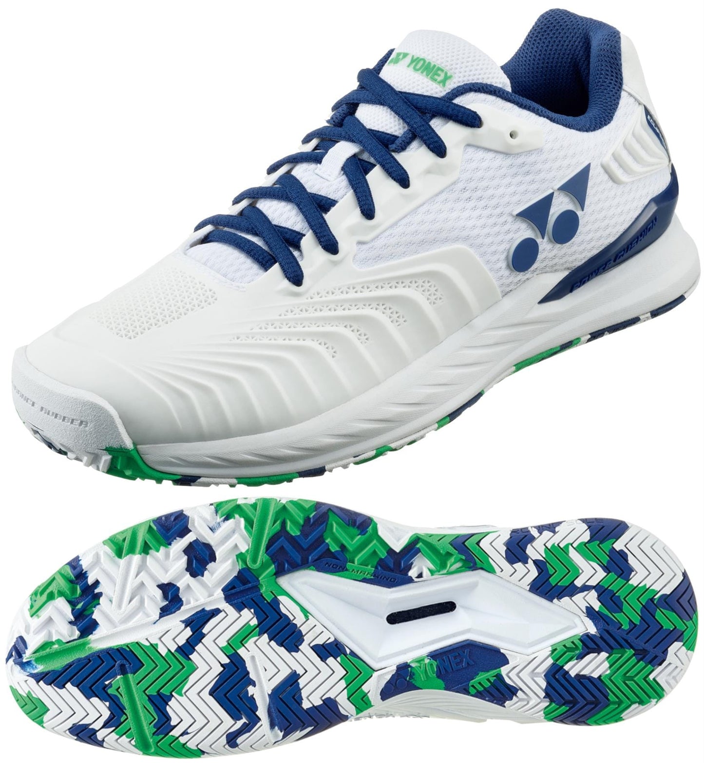 A pair of Yonex Power Cushion Eclipsion 4 All Court women's tennis shoes in white and aloe, featuring blue laces and a matching interior. The sole displays a blue, white, and green zigzag pattern for extra grip, while the iconic Yonex logo prominently accents the side of these stylish shoes.