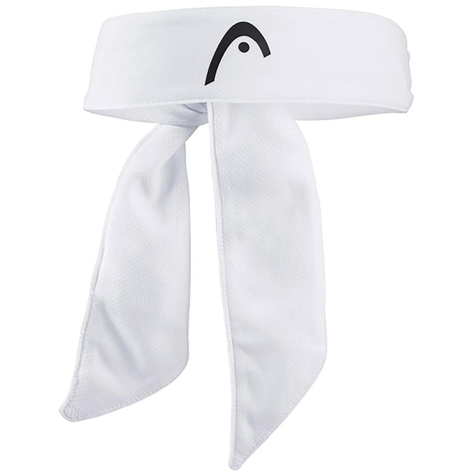 The HEAD Pro Player Bandana - White, crafted from absorbent mesh material, showcases a chic black logo on the front. This tennis headband, designed by HEAD, features two gracefully hanging ends to help maintain a clear view of the ball.