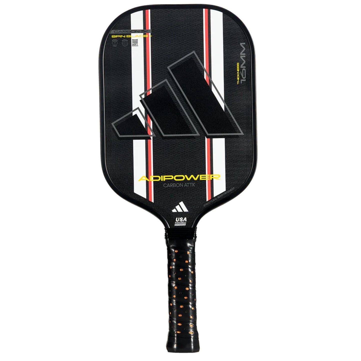 The adidas Adipower Carbon ATTK 3.3 Pickleball Paddle in black/white features white and red stripes, a large Adidas logo, a textured grip handle with orange specks, and is designed for advanced-level play.