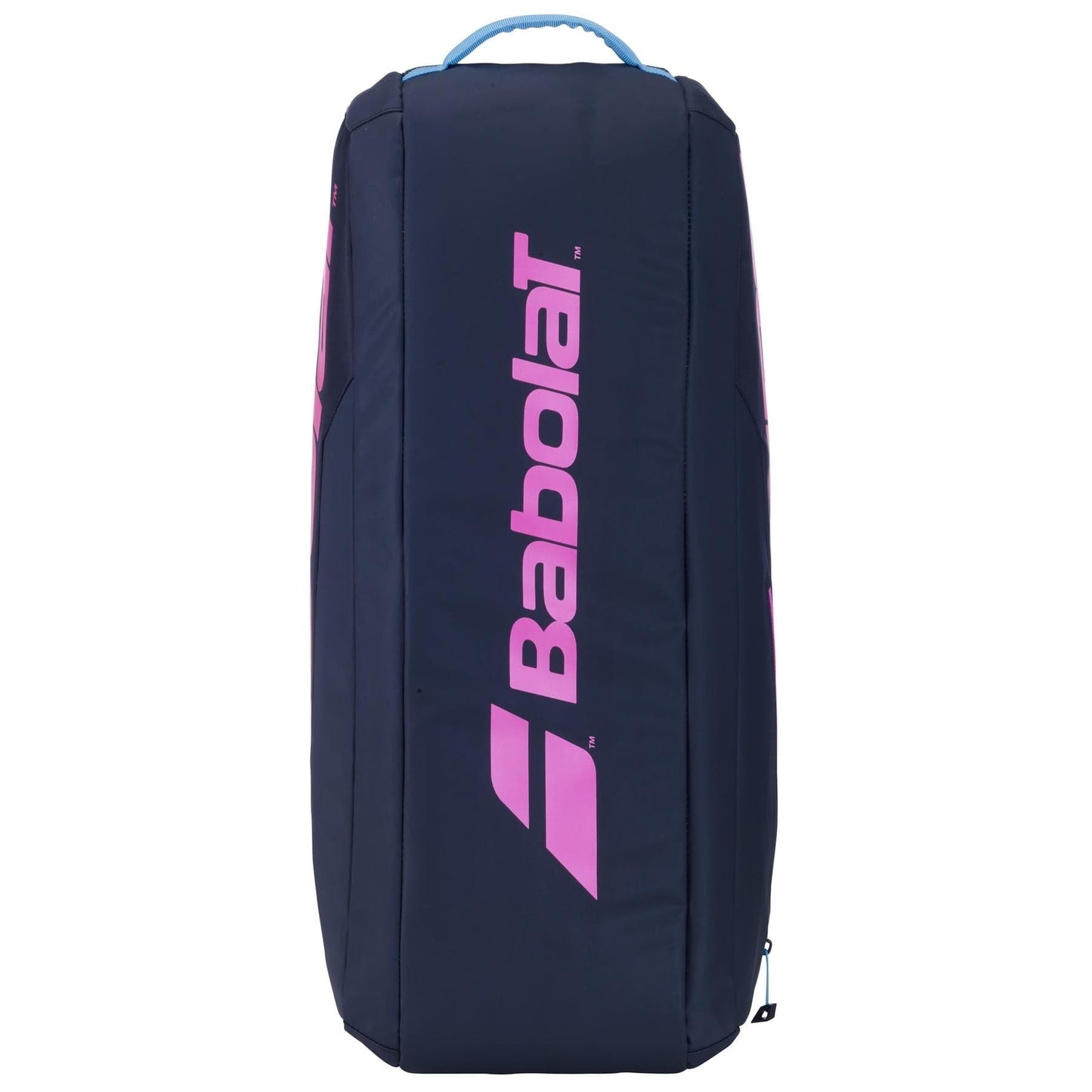 The black Babolat RH Junior tennis racket bag, featuring purple and yellow accents, stands upright to display its zippered compartments and robust handle—ideal for junior players looking for both style and functionality.