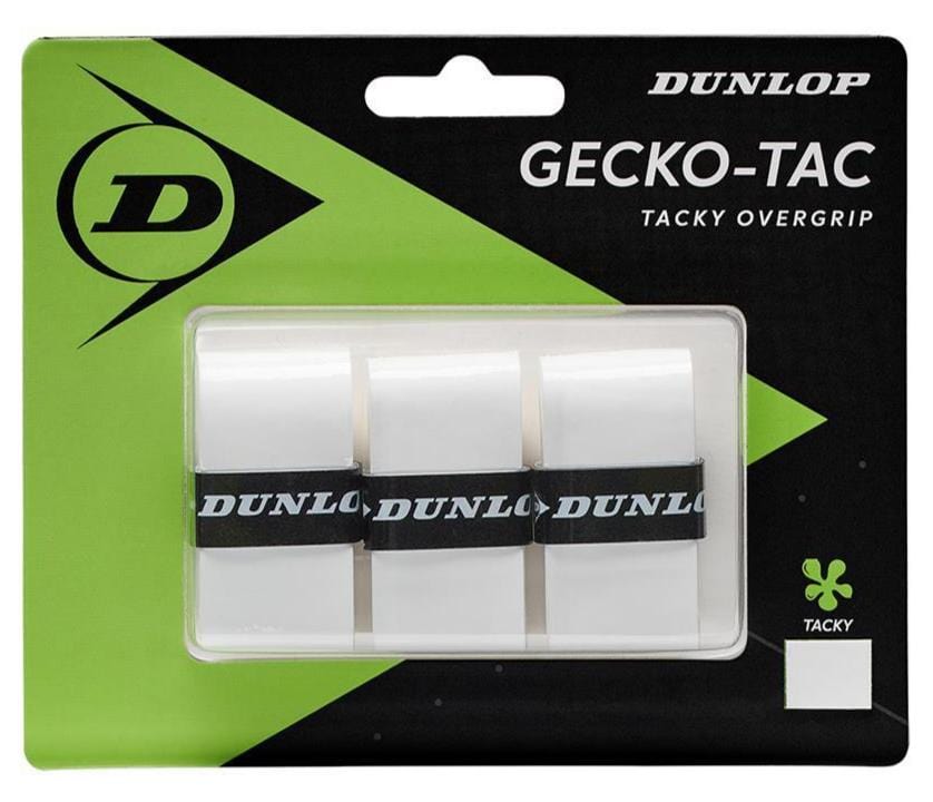 The Dunlop Gecko-Tac Tennis Overgrip - 3 Pack - White comes in packaging featuring green and black colors with the Dunlop branding and a clover symbol, indicating its tacky surface technology for enhanced control.