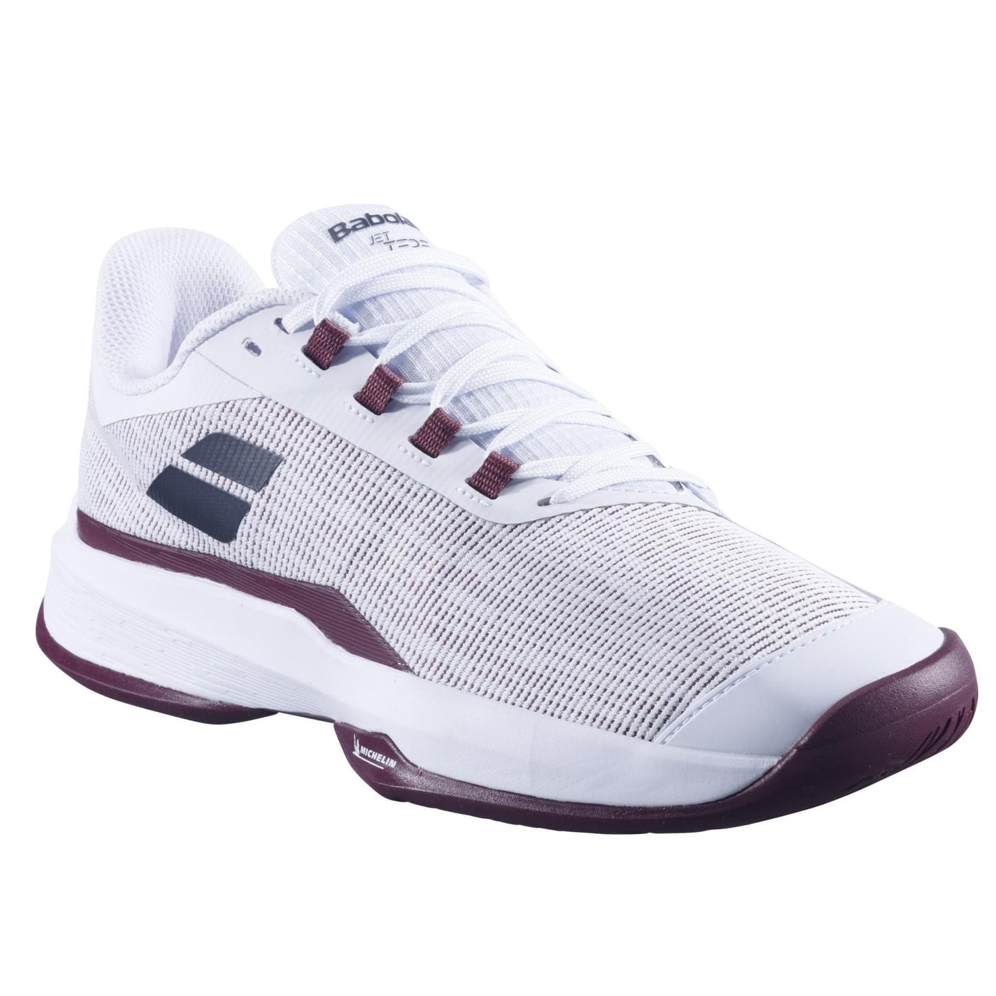 The Babolat Jet Tere 2 Men’s Tennis Shoes feature a white ultra-lightweight mesh design with burgundy sole accents, a black side logo, white laces, and padded collar for comfort and stability.