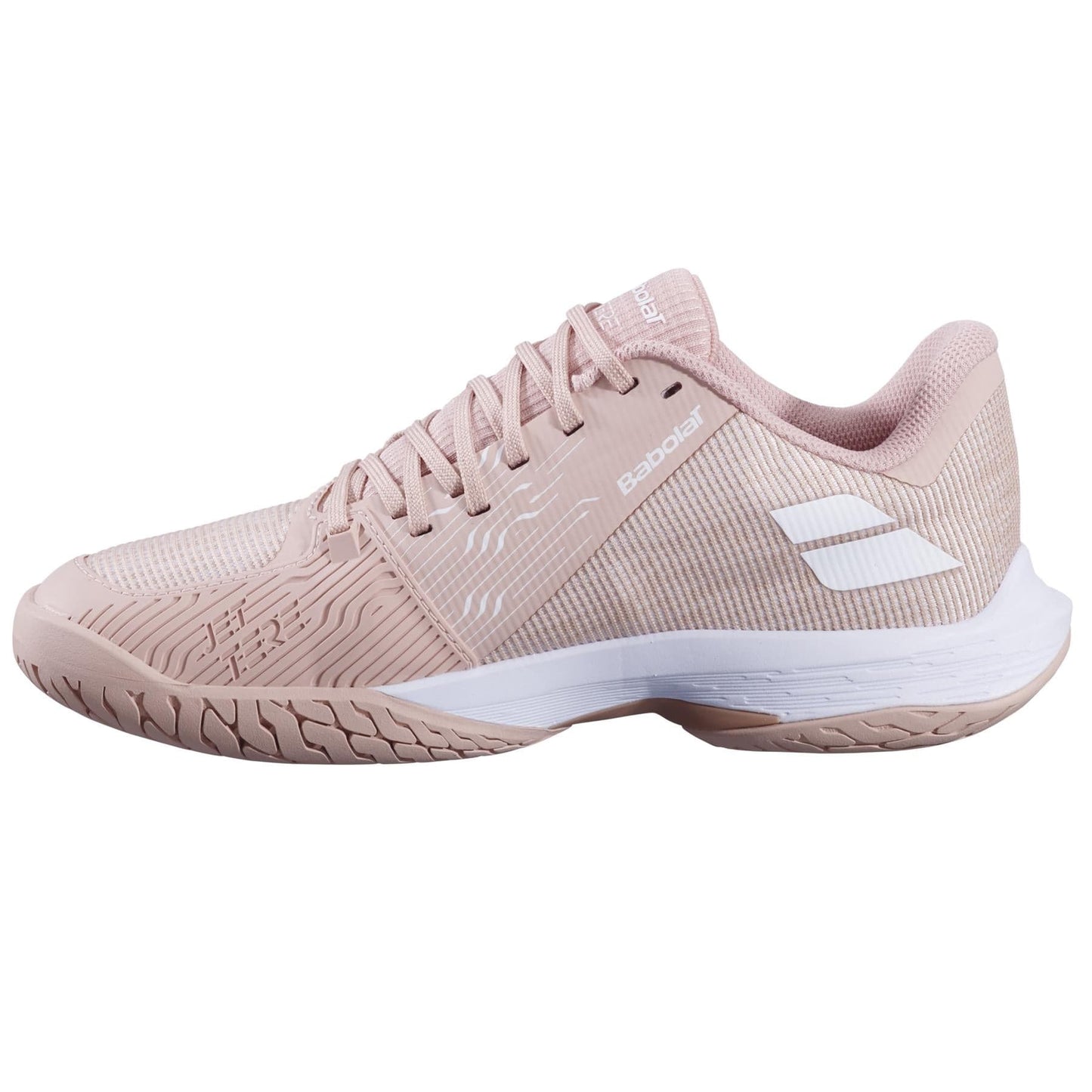 The Babolat Jet Tere 2 All Court 2025 Women’s Tennis Shoes in "Evening Sand" features a light pink hue with white details and logo, showcasing an ultra-lightweight design, textured sole for grip, and mesh upper for breathability. Displayed side profile on a white background.