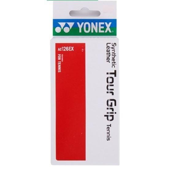 The packaging for the Yonex AC126EX Replacement Synthetic Leather Grip, in eye-catching red and white, prominently displays the Yonex logo at the top. Made from durable synthetic leather, this grip provides high performance for tennis players aiming for optimal control.
