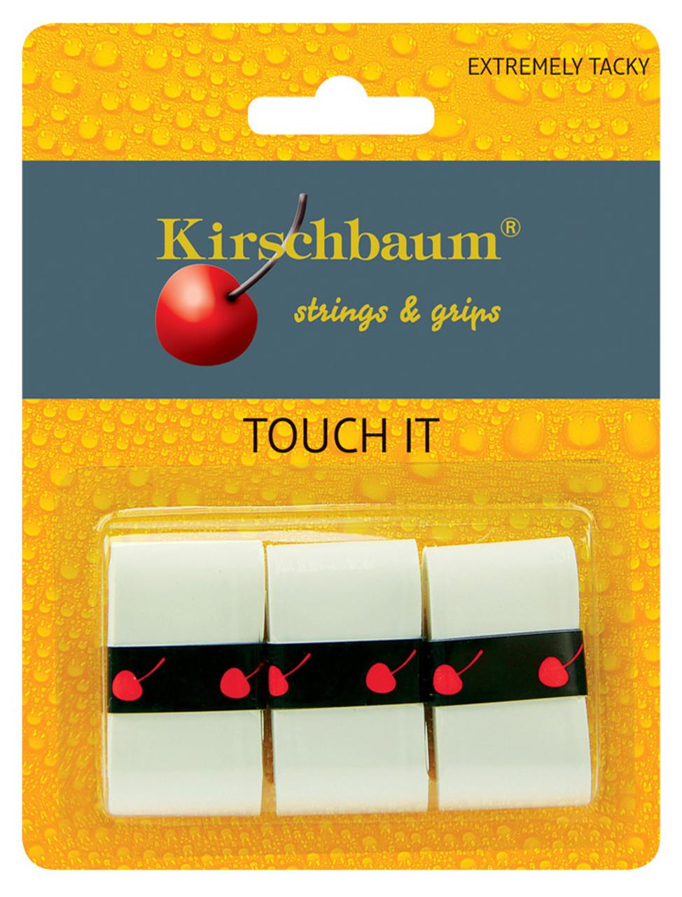 The Kirschbaum Touch It Tennis Overgrip 3 Pack - White features "extremely tacky" overgrips that emphasize durability and absorption. The packaging includes three white grips, each with a black band featuring red cherry icons, set against a yellow background with a water-droplet texture.