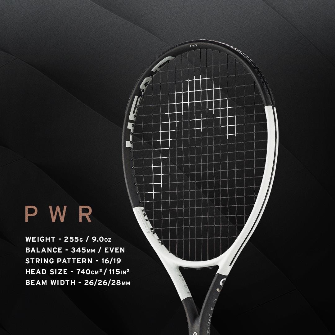 Introducing the HEAD Speed PWR 2024 Tennis Racket in sleek white and black. This racket, featuring Graphene Inside, boasts a weight of 255g/9.0oz, an optimal 345mm even balance, and a string pattern of 16/19. With a head size of 740cm²/115in² and beam width measurements of 26/26/28mm, elevate your game with the unmatched performance provided by Auxetic technology from HEAD.