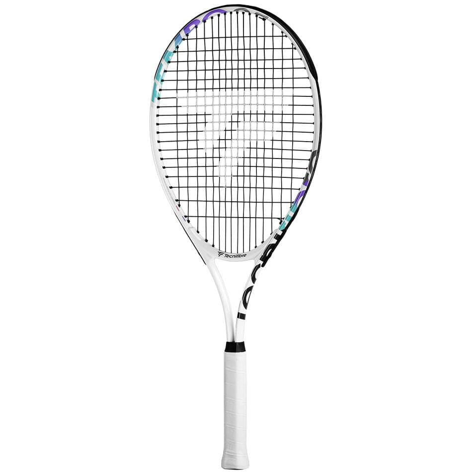 The Tecnifibre Tempo 25 Junior Tennis Racket is a stylish white racket ideal for young players, featuring black strings and grip. Its frame boasts an elegant logo and design that ensures flair on the court.