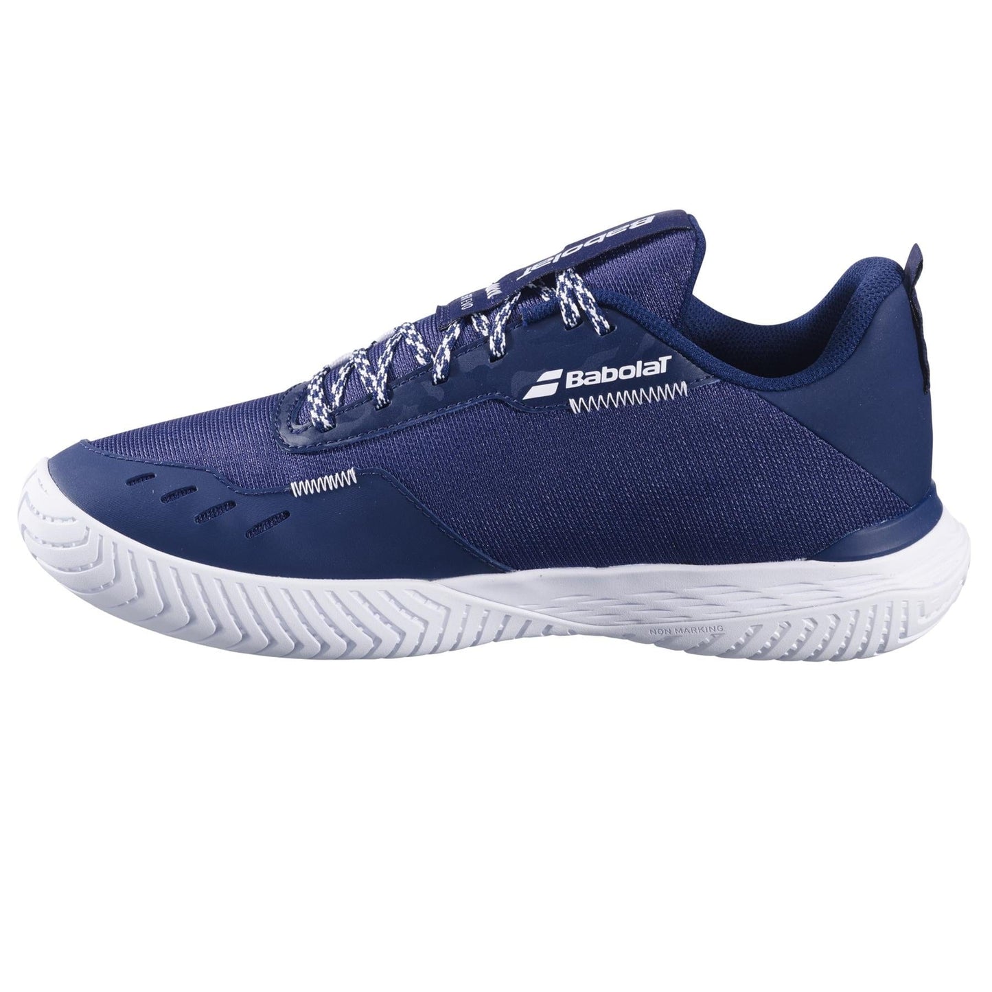 The Babolat SFX EVO All Court 2025 Men's Tennis Shoes in Dark Blue/White feature a white sole, patterned laces, textured details, and the signature Babolat logo on the tongue and side. Their zigzag grip pattern ensures unmatched comfort during every game.