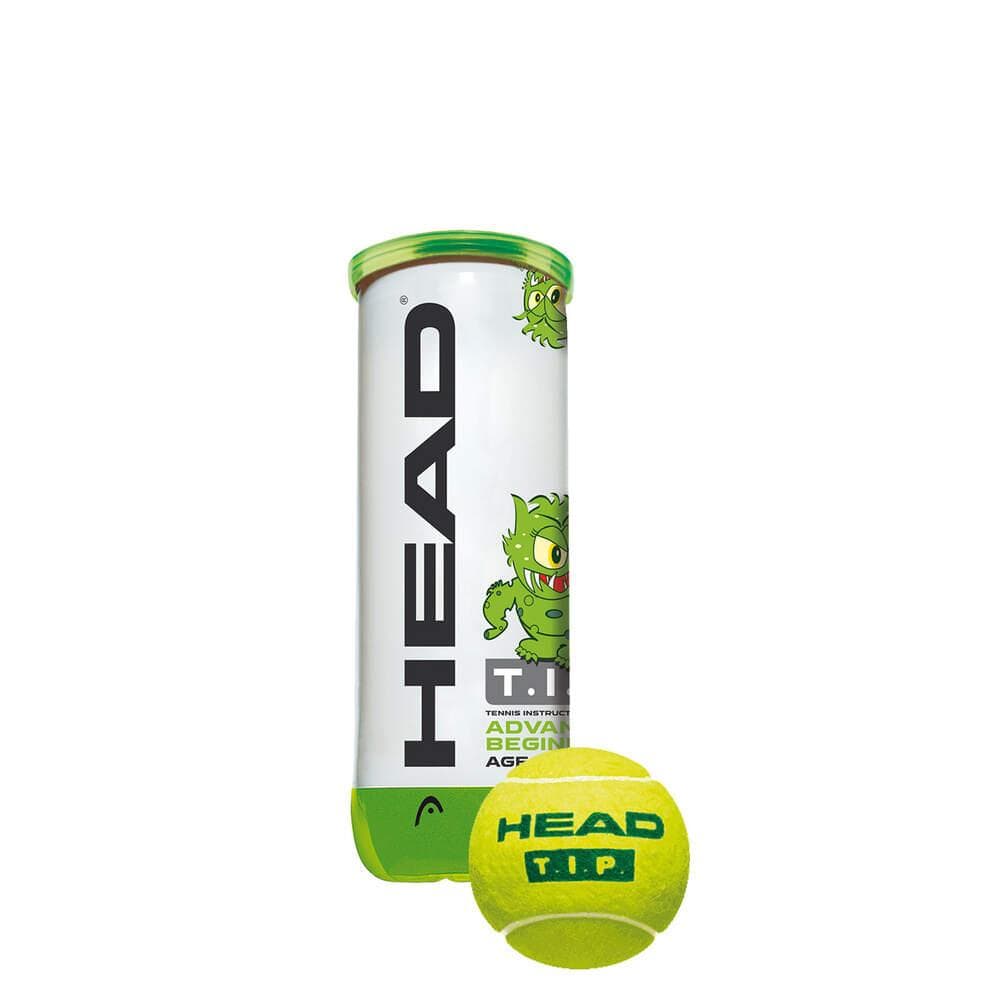 Displayed is a can of HEAD TIP Tennis Balls (3 Ball Tube) - Green, featuring the HEAD brand's Tennis Instruction Program. In front lies one yellow tennis ball. The can is adorned with a playful cartoon character design and topped with a green lid, making it perfect for pressureless tennis ball practice sessions.