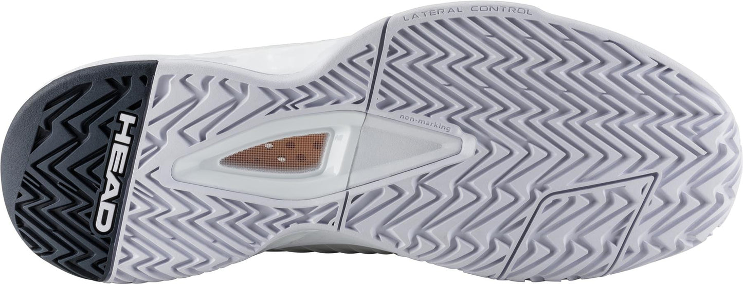 The sole of the HEAD Revolt Pro 4.5 Men's Tennis Shoes in White/Blueberry showcases a herringbone pattern, featuring a visible insert at the center and bold lettering of "HEAD Revolt Pro 4.5" on the heel, alongside text that reads "LATERAL CONTROL" and "non-marking," ensuring precision with every move.