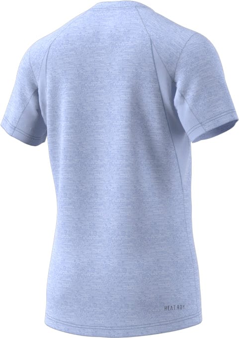 The back view of the ADIDAS Men's Freelift Tennis T-Shirt in Blue Dawn showcases a light blue short-sleeve design featuring raglan sleeves and refined stitching details. The fabric exhibits a heathered texture, with "HEATRDY" printed near the hem to highlight its AEROREADY technology that ensures comfort during intense workouts.