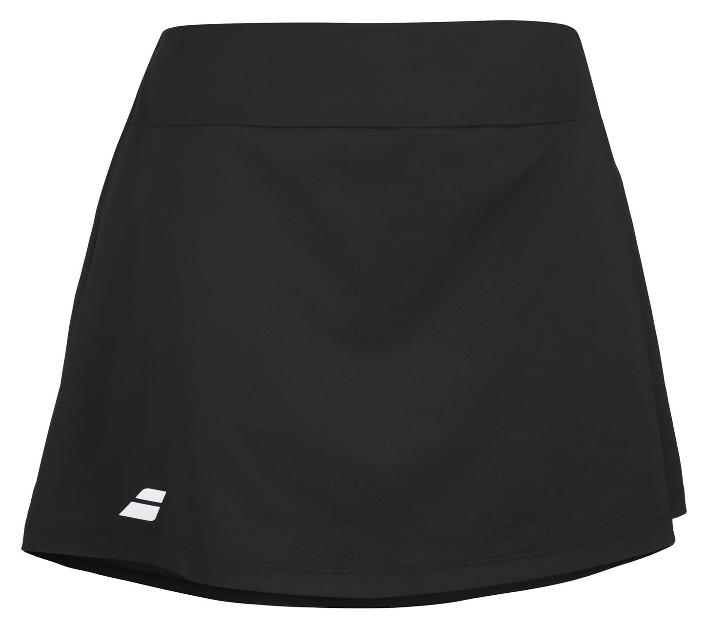 The Babolat Play Women's Tennis Skirt in black, made from recycled polyester, showcases a small white logo near the hem. Its smooth texture and A-line shape provide 360-degree motion on the court.