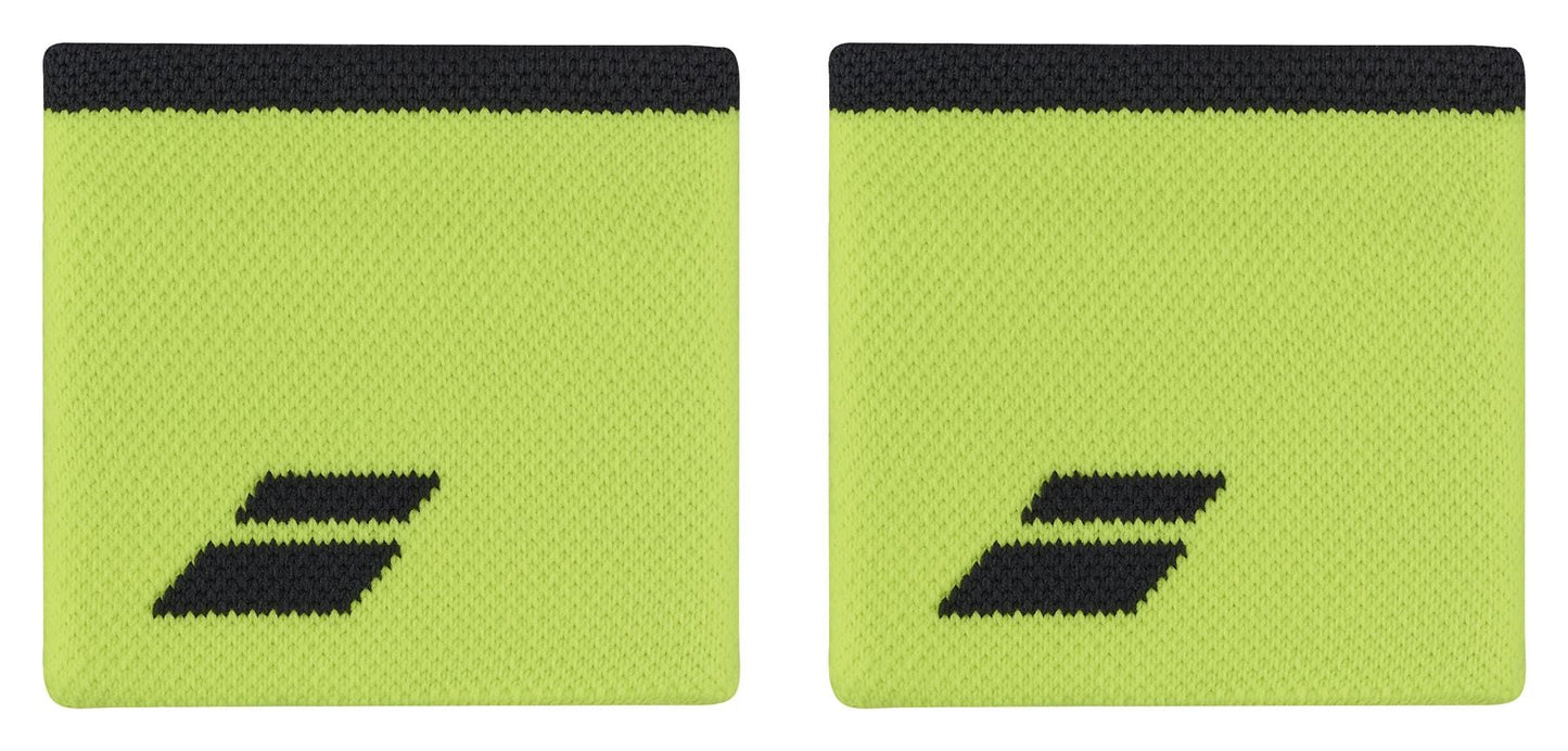 The Babolat Logo Wristbands in Aero Grey feature a contrasting color stripe at the top and a subtle logo pattern at the bottom, making them an effective and absorbent sports accessory.
