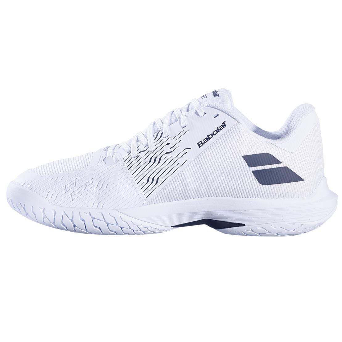 Introducing the Babolat Jet Tere 2 2024 Men's Tennis Shoes in White / Strike Red, an ultra-lightweight option with a sleek design. Adorned with thin black lines and logo accents, its textured sole delivers outstanding grip and support for ultimate comfort and stability during peak athletic performance.