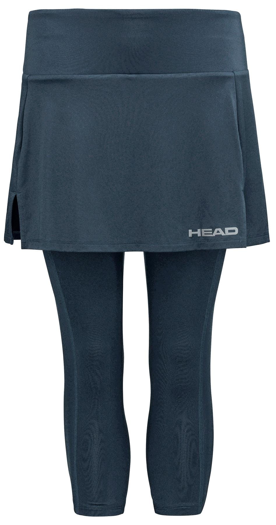 The HEAD Club 3/4 Tights Women's Tennis Skort in navy features an attached skirt for a stylish workout. With the "HEAD" logo on the lower right, these tights use moisture transfer microfiber to keep you comfortable and dry, making them an ideal alternative to traditional women’s tennis skorts.