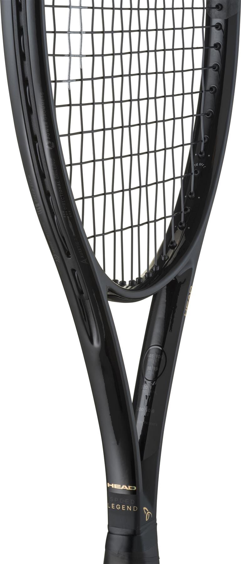 Close-up of the HEAD Speed MP Legend 2025 Tennis Racket in black/gold, highlighting the frame with "LEGEND" and gold accents inspired by Novak Djokovic’s style; part of the handle is visible.