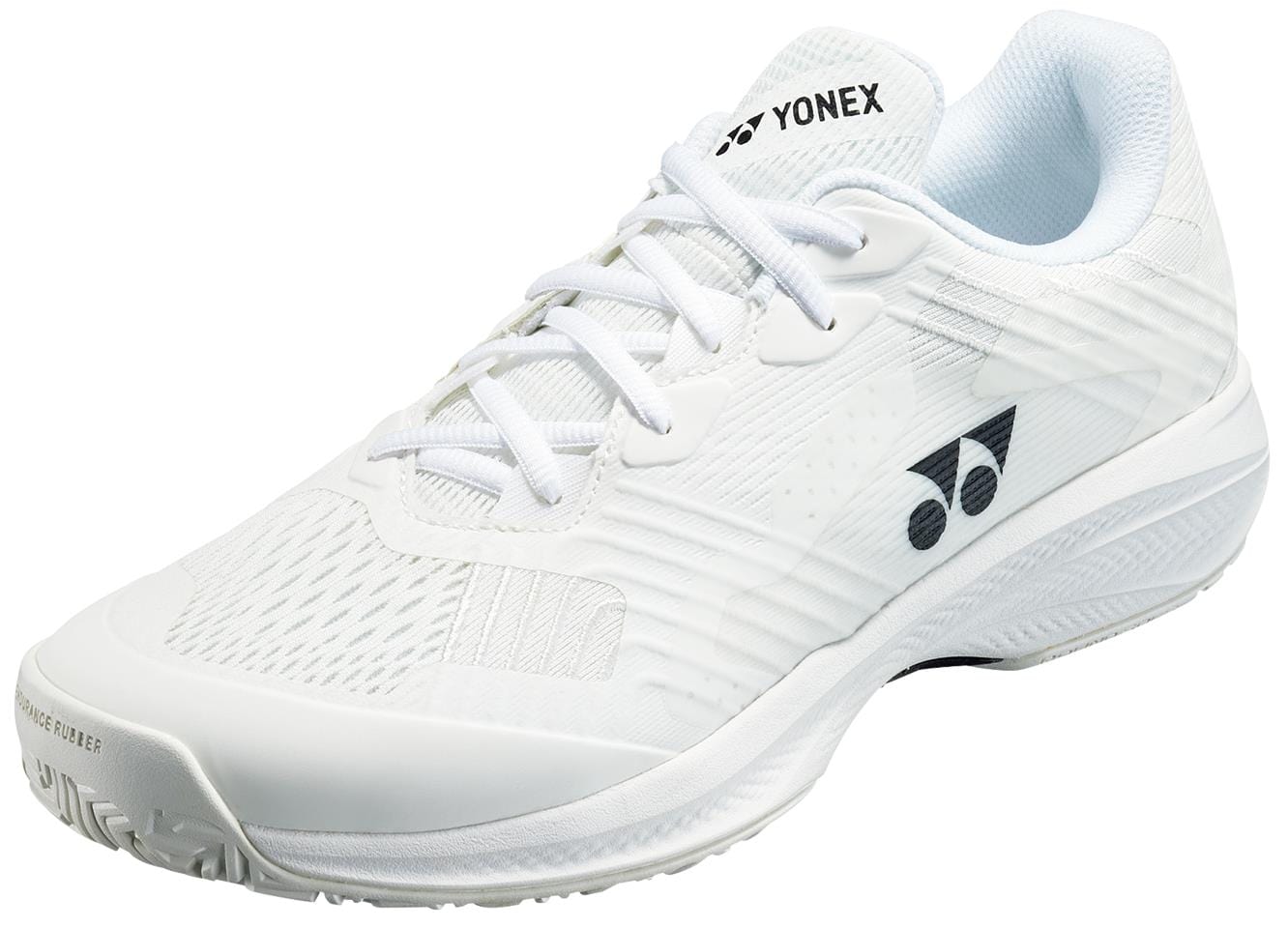The Yonex Power Cushion Sonicage 2025 Mens Tennis Shoes in white feature a textured sole, logo and brand name on the tongue and side, a breathable mesh upper, Power Cushion technology, and a sleek, lightweight design.