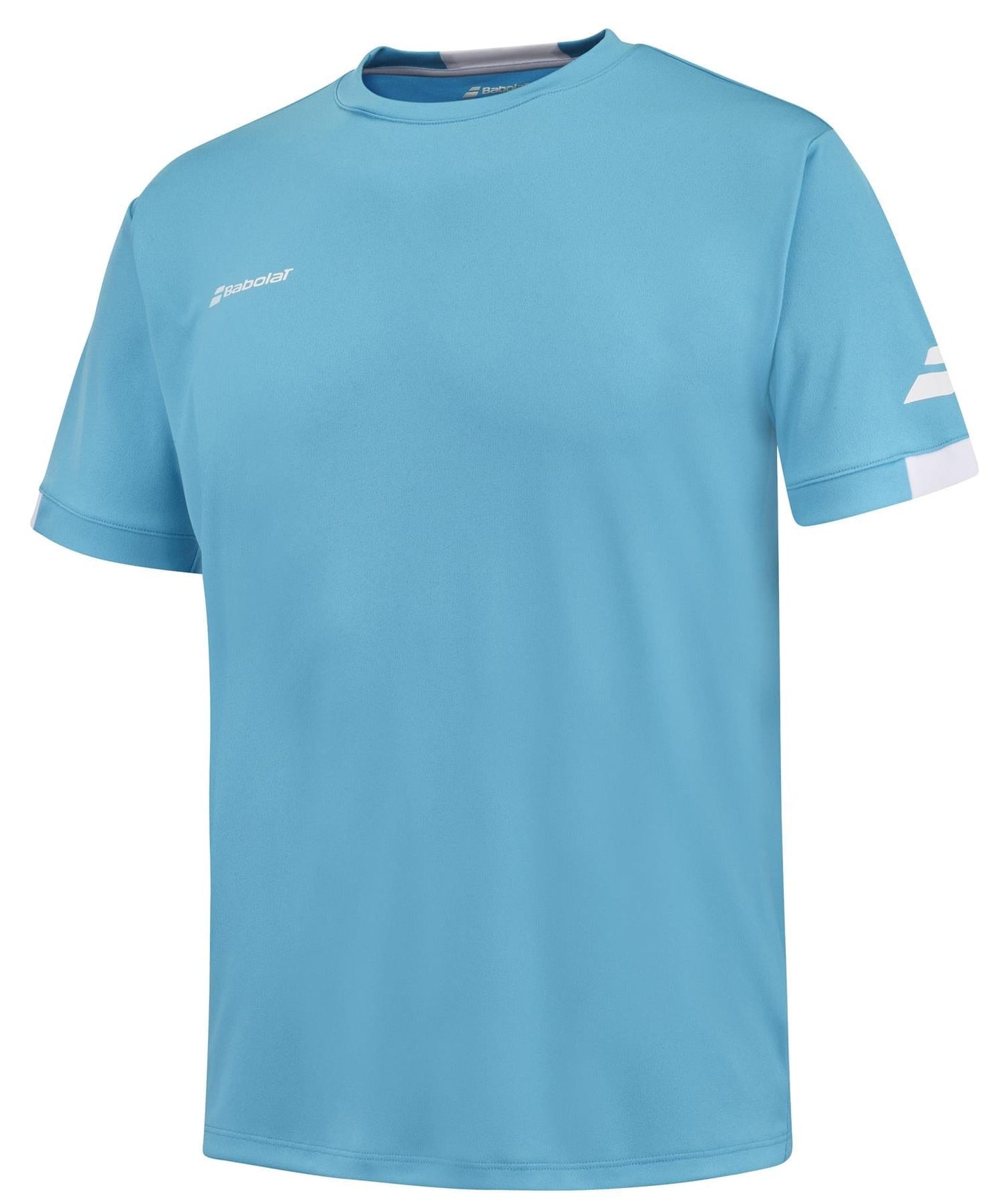Introducing the Babolat Play Men's Crew Neck Tennis T-Shirt in Cyan Blue. Designed with Fiber Dry technology for unmatched comfort, this essential piece features a crew neck, the iconic Babolat logo on the left chest, and a sleek white stripe on the left sleeve. Ideal for boosting your performance on the court.