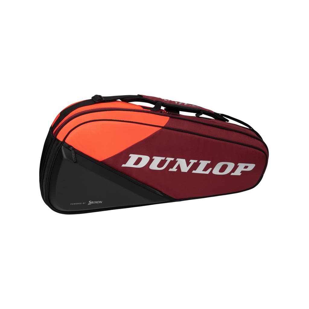 The Dunlop CX Performance 3 Tennis Racket Bag in black and red showcases a vibrant design with the Dunlop logo prominently displayed on the side. Equipped with multiple compartments, an accessory pocket, and an adjustable shoulder strap, this bag is perfect for carrying all your essentials effortlessly.