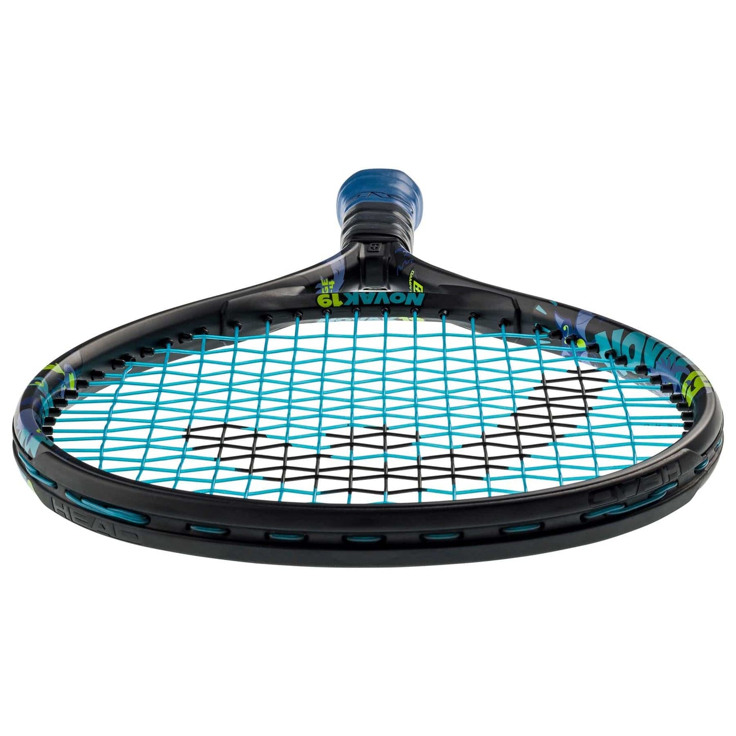 A HEAD Novak 19 Junior Tennis Racket in black and blue is shown from the front, showcasing a handle wrapped in blue grip tape. Inspired by Novak Djokovic, it features a Damp+ insert to minimize vibrations.