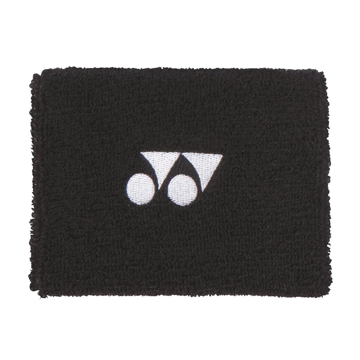 Yonex AC492 Wristband in black, featuring a white logo with two circles and a triangular design, crafted for maximum performance on the court.