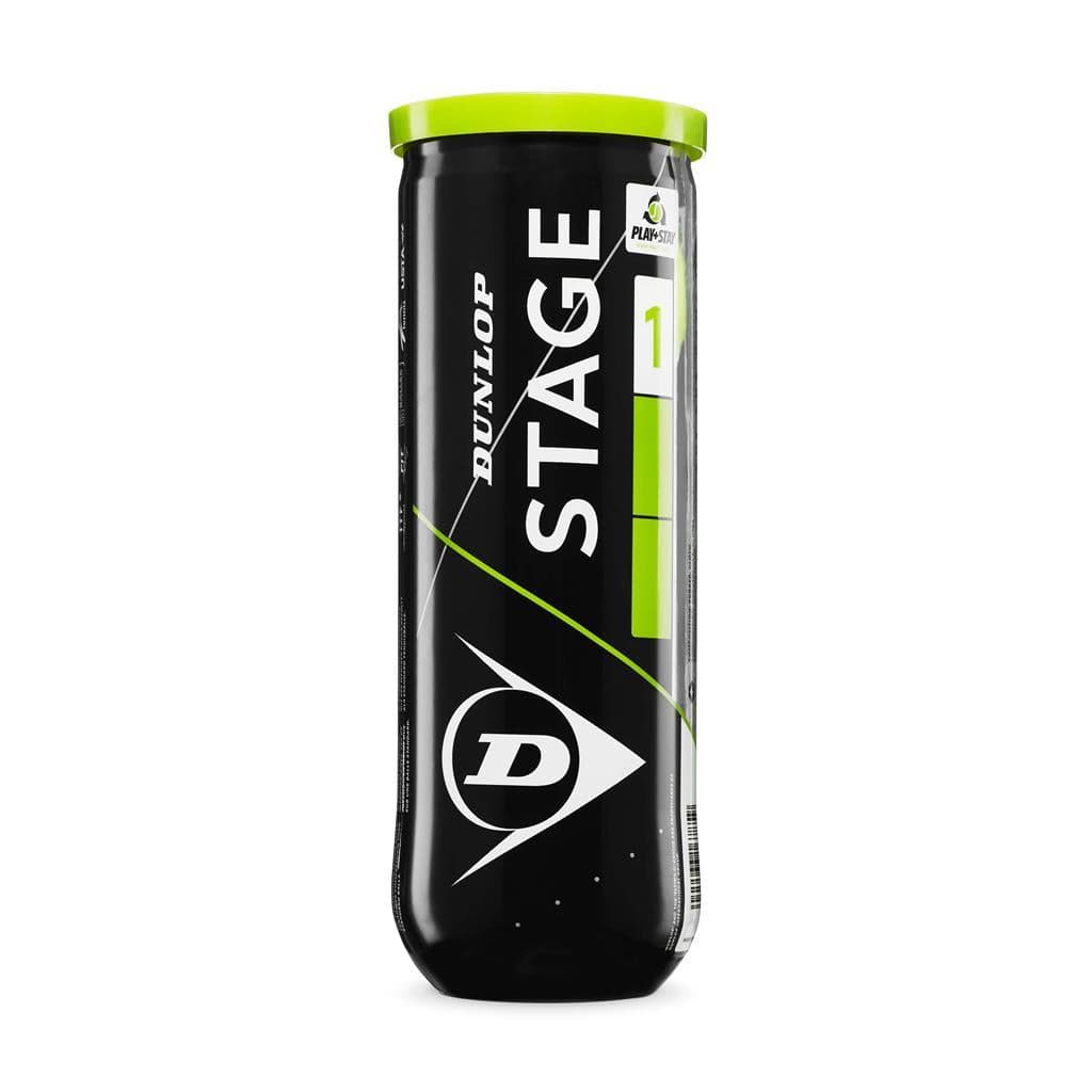 The Dunlop Stage 1 Tennis Balls - Green (3 Ball Tube) showcases a sleek black and green design featuring the Dunlop logo and crisp white text. Created as a transition ball for developing players, it provides an ideal balance of control and performance. The lid is highlighted in vibrant green.