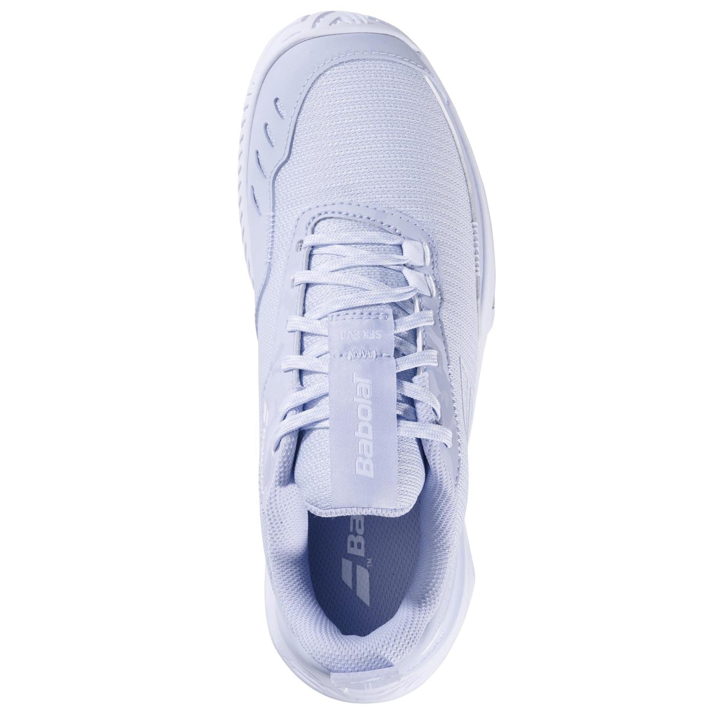 Top view of the Babolat SFX EVO All Court 2025 Women's Tennis Shoes in Xenon Blue/White, with "Babolat" on the tongue and side. Features breathable mesh, laces, a sturdy sole, and Michelin Original rubber for durability.