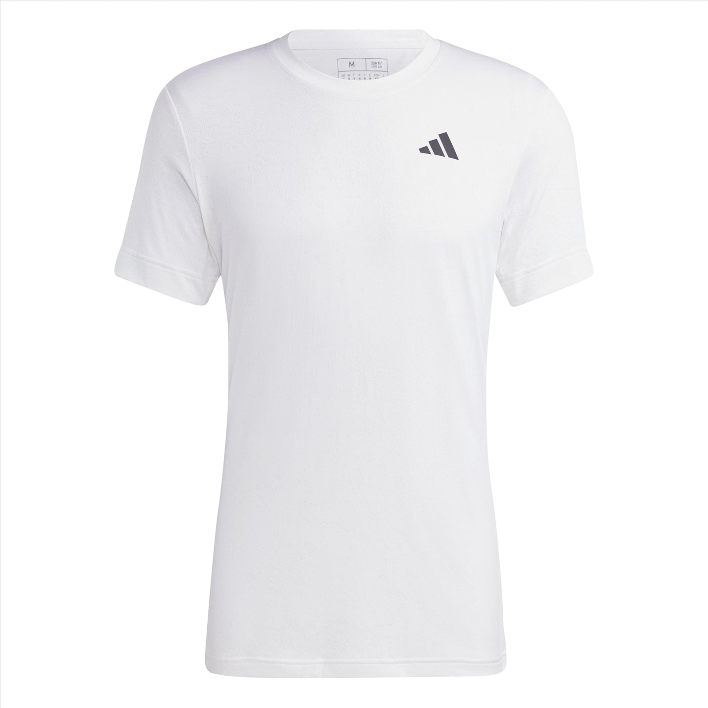 The ADIDAS Men's Freelift Tennis T-Shirt in white features short sleeves and displays a small black logo on the left chest. Engineered with adidas' moisture-absorbing Freelift technology, this shirt stays plain and wrinkle-free, making it ideal for active days. It is displayed against a simple background.